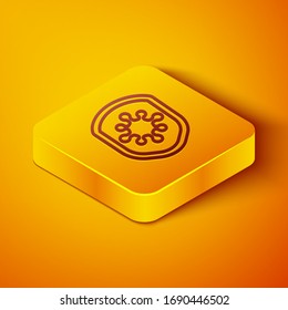 Isometric line Shield protecting from virus, germs and bacteria icon isolated on orange background. Immune system concept. Corona virus 2019-nCoV. Yellow square button. Vector Illustration