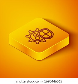 Isometric line Shield protecting from virus, germs and bacteria icon isolated on orange background. Immune system concept. Corona virus 2019-nCoV. Yellow square button. Vector Illustration