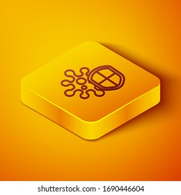 Isometric line Shield protecting from virus, germs and bacteria icon isolated on orange background. Immune system concept. Corona virus 2019-nCoV. Yellow square button. Vector Illustration