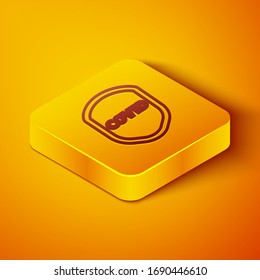 Línea isométrica Escudo protegiendo del virus, gérmenes y bacterias icono aislado en el fondo naranja. Concepto de sistema inmunológico. Virus corona covid-19. Botón cuadrado amarillo. Ilustración vectorial