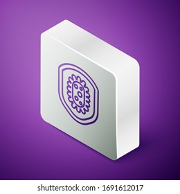 Isometric line Shield protecting from virus, germs and bacteria icon isolated on purple background. Immune system concept. Corona virus 2019-nCoV. Silver square button. Vector Illustration