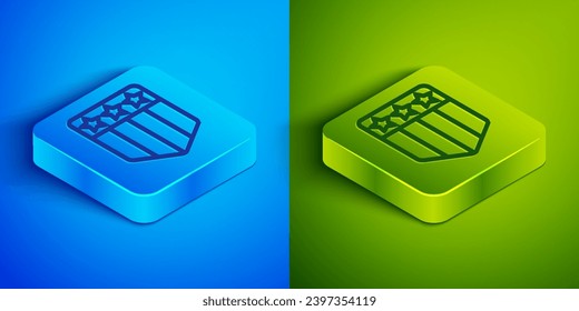 Isometric line Shield with stars and stripes icon isolated on blue and green background. United States of America country flag. 4th of July. USA Independence day. Square button. Vector