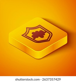 Isometric line Shield voice recognition icon isolated on orange background. Voice biometric access authentication for personal identity recognition. Yellow square button. Vector