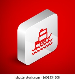 Isometric line Ship icon isolated on red background. Silver square button. Vector Illustration