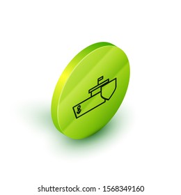 Isometric line Ship with shield icon isolated on white background. Insurance concept. Security, safety, protection, protect concept. Green circle button. Vector Illustration