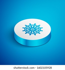 Isometric line Ship steering wheel icon isolated on blue background. White circle button. Vector Illustration