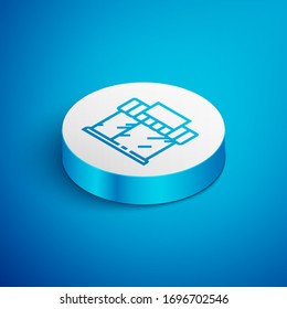 Isometric line Shopping building or market store icon isolated on blue background. Shop construction. White circle button. Vector Illustration