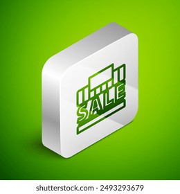 Isometric line Shopping building or market store icon isolated on green background. Supermarket sale concept. Silver square button. Vector Illustration