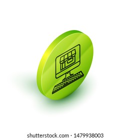 Isometric line Shopping building on screen computer icon isolated on white background. Concept e-commerce, e-business, online business marketing. Green circle button. Vector Illustration