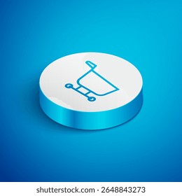 Isometric line Shopping cart icon isolated on blue background. Food store, supermarket. White circle button. Vector Illustration