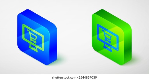 Carrito de compras de línea isométrica en el icono del monitor aislado fondo gris. Concepto de comercio electrónico, comercio electrónico, marketing de negocios en línea. Botón cuadrado azul y verde. Vector