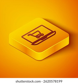 Isometric line Shopping cart on screen laptop icon isolated on orange background. Concept e-commerce, e-business, online business marketing. Yellow square button. Vector Illustration
