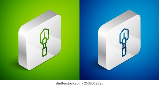 Icono de pala de línea isométrica aislado sobre fondo verde y azul. Herramienta de jardinería. Herramienta para horticultura, agricultura, agricultura. Botón cuadrado plateado. Vector