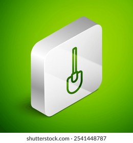 Isometric line Shovel icon isolated on green background. Gardening tool. Tool for horticulture, agriculture, farming. Silver square button. Vector