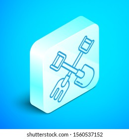 Isometric line Shovel and rake icon isolated on blue background. Tool for horticulture, agriculture, gardening, farming. Ground cultivator. Silver square button. Vector Illustration