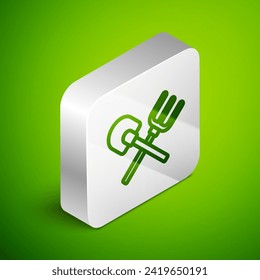 Isometric line Shovel and rake icon isolated on green background. Tool for horticulture, agriculture, gardening, farming. Ground cultivator. Silver square button. Vector