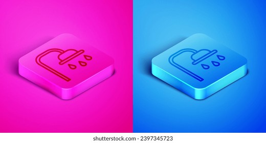 Isometric line Shower head with water drops flowing icon isolated on pink and blue background. Square button. Vector Illustration