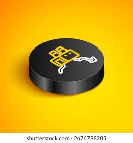 Linha isométrica Desligamento do ícone de fábrica isolado no fundo amarelo. Construção industrial. Botão círculo preto. Vetor