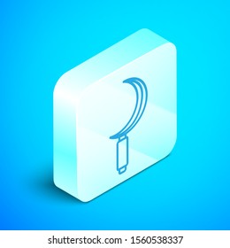 Isometric line Sickle icon isolated on blue background. Reaping hook sign. Silver square button. Vector Illustration