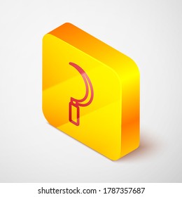 Isometric line Sickle icon isolated on grey background. Reaping hook sign. Yellow square button. Vector