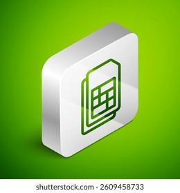 Isometric line Sim card icon isolated on green background. Mobile cellular phone sim card chip. Mobile telecommunications technology symbol. Silver square button. Vector