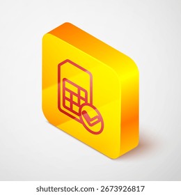 Isometrische Linie Sim-Kartensymbol einzeln auf grauem Hintergrund. Mobiltelefon SIM-Karte Chip. Symbol für mobile Telekommunikationstechnologie. Gelber quadratischer Knopf. Vektorgrafik