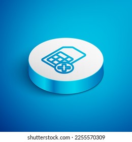 Isometric line Sim card rejected icon isolated on blue background. Mobile cellular phone sim card chip. Mobile telecommunications technology symbol. White circle button. Vector