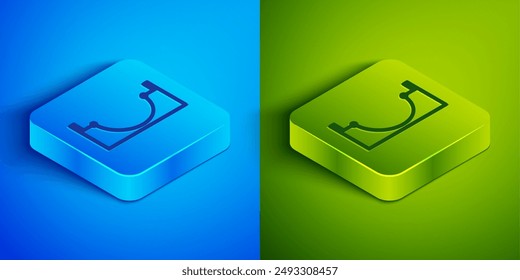 Isometric line Skate park icon isolated on blue and green background. Set of ramp, roller, stairs for a skatepark. Extreme sport. Square button. Vector