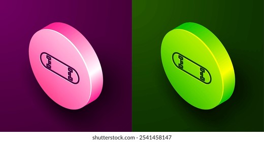 Isometric line Skateboard trick icon isolated on purple and green background. Extreme sport. Sport equipment. Circle button. Vector Illustration