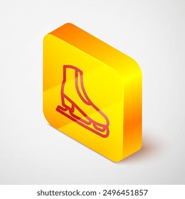 Isometric line Skates icon isolated on grey background. Ice skate shoes icon. Sport boots with blades. Yellow square button. Vector