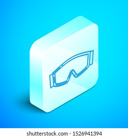 Isometric line Ski goggles icon isolated on blue background. Extreme sport. Sport equipment. Silver square button. Vector Illustration