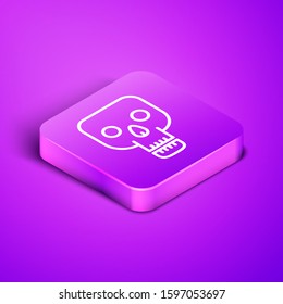 Isometric line Skull icon isolated on purple background. Happy Halloween party. Purple square button. Vector Illustration