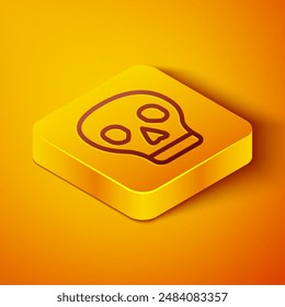 Isometric line Skull icon isolated on orange background. Yellow square button. Vector