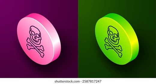 Isometric line Skull on crossbones icon isolated on purple and green background. Happy Halloween party. Circle button. Vector