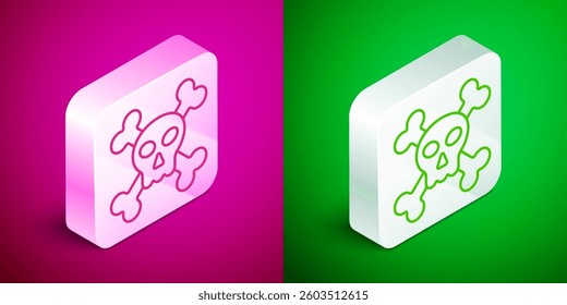Isometric line Skull on crossbones icon isolated on pink and green background. Happy Halloween party. Silver square button. Vector