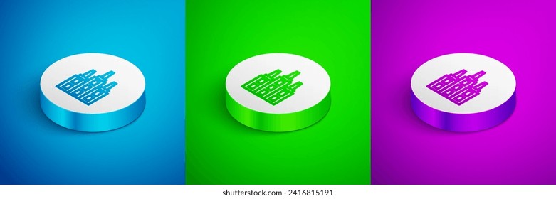 Isometric line Skyscraper icon isolated on blue, green and purple background. Metropolis architecture panoramic landscape. White circle button. Vector