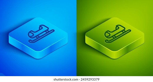 Isometric line Sled icon isolated on blue and green background. Winter mode of transport. Square button. Vector