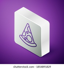 Isometric line Slice of pizza icon isolated on purple background. Fast food menu. Silver square button. Vector