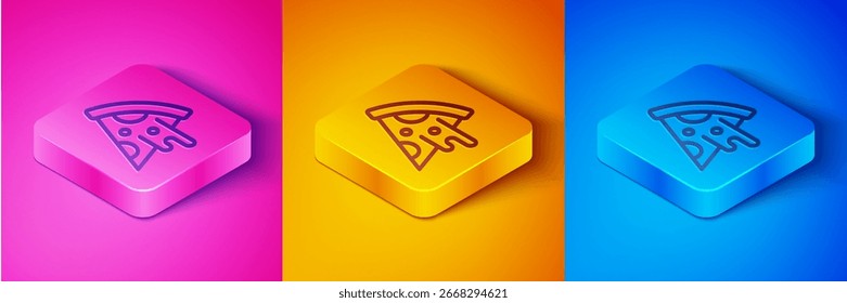Isometrische Linie Pizzaschnitt einzeln auf rosafarbenem und orangefarbenem Hintergrund. Fastfood-Menü. Quadratischer Knopf. Vektorgrafik