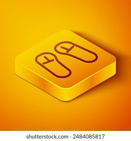 Isometric line Slipper icon isolated on orange background. Flip flops sign. Yellow square button. Vector Illustration