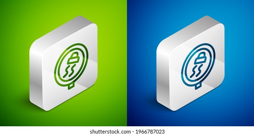 Línea isométrica Icono de advertencia de tráfico de carretera resbaladizo aislado en fondo verde y azul. Reglas de tráfico y conducción segura. Botón cuadrado plateado. Vector