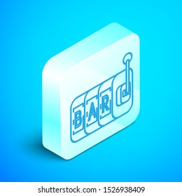 Isometric line Slot machine icon isolated on blue background. Silver square button. Vector Illustration