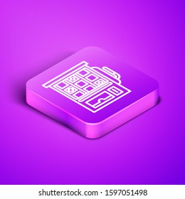 Isometric line Slot machine icon isolated on purple background. Purple square button. Vector Illustration