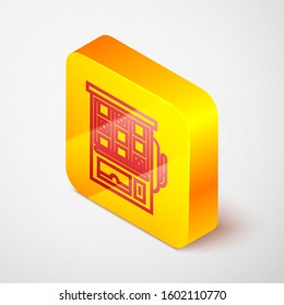 Isometric line Slot machine icon isolated on grey background. Yellow square button. Vector Illustration