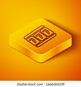 Isometric line Slot machine with lucky sevens jackpot icon isolated on orange background. Yellow square button. Vector Illustration