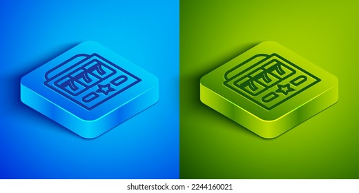Isometric line Slot machine with lucky sevens jackpot icon isolated on blue and green background. Square button. Vector