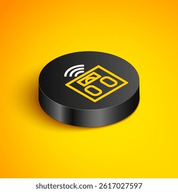 Isometric line Smart bathroom scales icon isolated on yellow background. Weight measure equipment. Internet of things concept with wireless connection. Black circle button. Vector