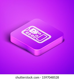 Isometric line Smart control farming system mobile application icon isolated on purple background. Purple square button. Vector Illustration