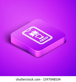 Isometric line Smart control farming system mobile application icon isolated on purple background. Purple square button. Vector Illustration