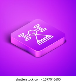 Isometric line Smart farm with drone control collects harvest icon isolated on purple background. Innovation technology for agricultural company. Purple square button. Vector Illustration